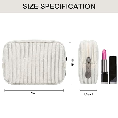 E-Tree Cute Small Makeup Bag,Cosmetic Toiletry Make up Little Items Pouch for Purse,Zipper Mini Tech Charger Cable Electronic Organizer Case,Travel Accessories for Women Men Teen,White Corduroy thumbnail 2