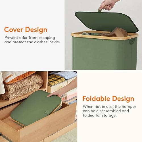Lifewit 100L Laundry Basket with Lid, Clothes Hampers for Laundry with Bamboo Handles and A Removable Bag, Large Foldable Laundry Hamper for Bedroom, Bathroom, Dorm, Laundry Room, Green thumbnail 7