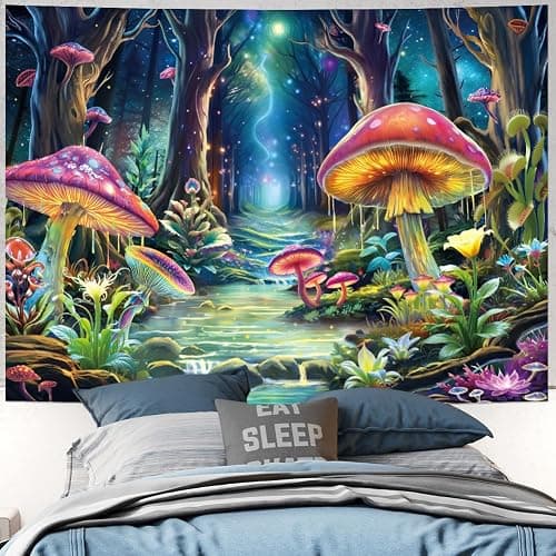 Yuiqear Blacklight Mushroom Tapestry Fantasy Forest Tree Tapestries UV Reactive Floral Plant Tapestries Neon Glow in The Dark Tapestry Wall Hanging for Bedroom Aesthetic Decor thumbnail 3
