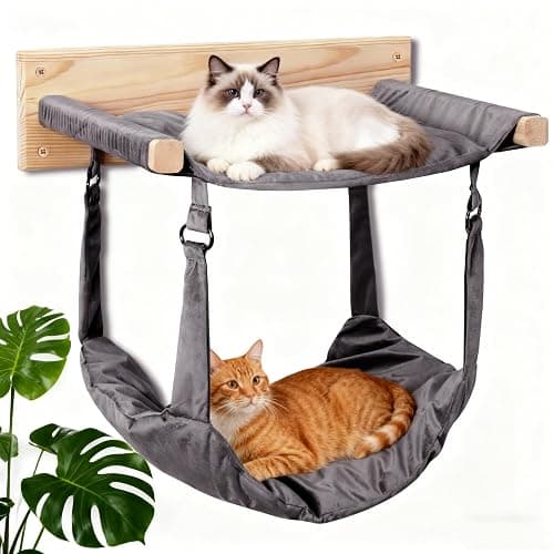 JSPYFITS Wooden Cat Wall Hammock, 18.9 x 12.6 Inch Double Layer Cat Furniture Hammock, Large Removable Multi-Function Cats Bed for Sleep/Play/Climb/Lounge Easy DIY Installation(Grey) - Image 1