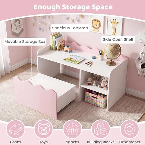 COSTWAY Kids Bookcase, Toy Organizer with Movable Drawer (Pink+White) | Flip-up Top, 4 Universal Wheels & Anti-toppling Kit, Wooden Children Bookshelf for Playroom, Daycare, Nursery thumbnail 4