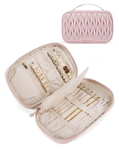 BAGSMART Travel Jewelry Case Jewelry Organizers and Storage Earings Holder Organizer for Women Necklace Holder Jewelry Rolls for Necklaces, Earrings, Bracelets-Pink - Image 1
