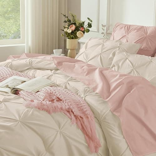 Andency Beige Comforters Queen Size, 3 Pieces Cream Bedding Set & Collections for Women Men, All Season Soft Fluffy Lightweight Pinch Pleat Bed Comforter Set (90x90Inch) thumbnail 4