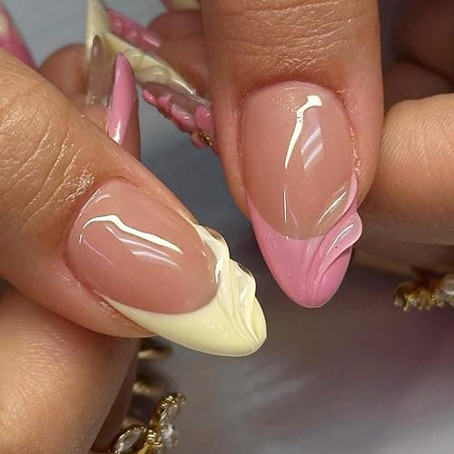 3D Handmade Press on Nails Medium Almond Fake Nails Spring & Summer French Nails Flower Press On Water Drop Designer Nails Cute Stick on Nails Wedding and Party, Daily wear Nails fro Women 24 Pcs, thumbnail 3