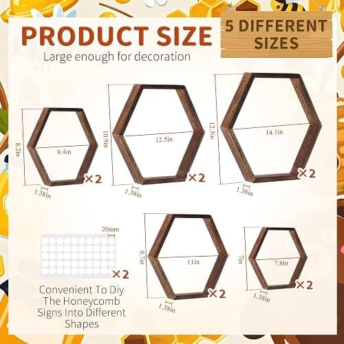 Gerrii 10 Pcs Honey Comb Decorations 5 Sizes Wood Hexagon Shelves Honeycomb Centerpiece Cupcake Stand Wooden Bee Hive Display Holder for Baby Shower Honeybee DIY Birthday Party Decor (Dark Brown) thumbnail 3