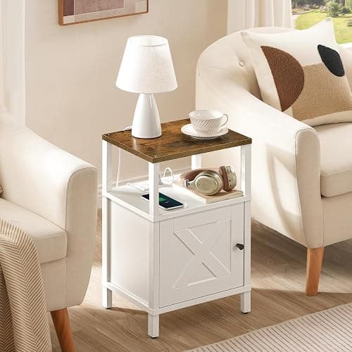 MAHANCRIS Farmhouse Nightstand with Charging Station, Barn Door End Table with USB Ports and Storage Cabinet, Bedside Table for Bedroom, Small Space, White and Rustic Brown ETRW96E01 thumbnail 2