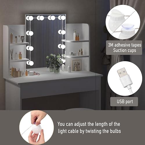 Cemoxul White Vanity Desk with Mirror and Adjustable Hollywood Lights, Makeup Vanity Desk with Lights 3 Color Modes, 2 Drawers & 4 Storage Shelves, Compact Dressing Table for Small Space thumbnail 6