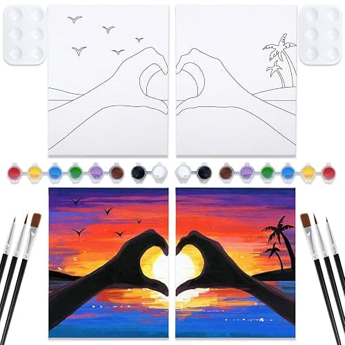 VOCHIC Sip and Paint Kit,Pre Drawn Canvas Couples Paint Party Kit Painting Art Set for Adults Date Night Sunset Heart 2 Pack (8 x 10 Inches) - Image 1