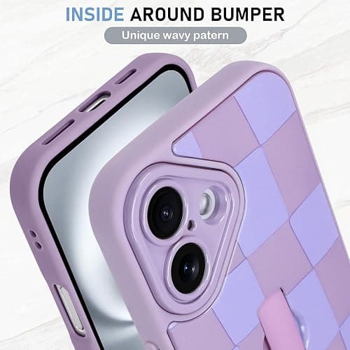KANGHAR Compatible with iPhone 16 Case Checkered -Purple | Silicone Cute Pattern, Wristband Kickstand Camera Protection Soft Slim Cover for Girls Women thumbnail 4