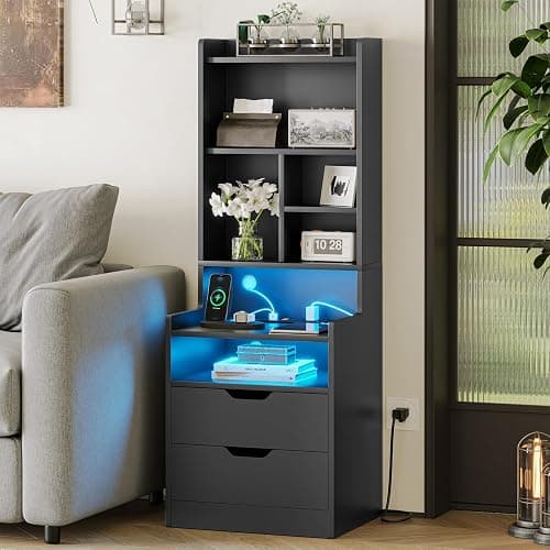 ADORNEVE Tall Night Stand with Charging Station and LED Lights,Nightstand with Bookshelf,Bedside Table with Drawers & Power Outlets,End Side Table for Bedrooms (Black) thumbnail 8
