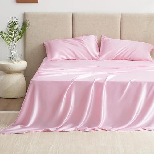 Love's cabin Satin Queen Sheets Set - 4 Piece Pink Silky Bed Sheets Set with Deep Pocket, Luxury Silk Feel Satin Queen Size Sheet Set (1 Flat Sheet,1 Fitted Sheet,2 Pillow Cases) thumbnail 2