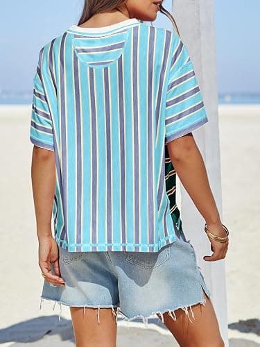 Tankaneo Womens Summer Striped Shirts Casual Color Block Short Sleeve Tops Loose Fit Crew Neck Tees thumbnail 7