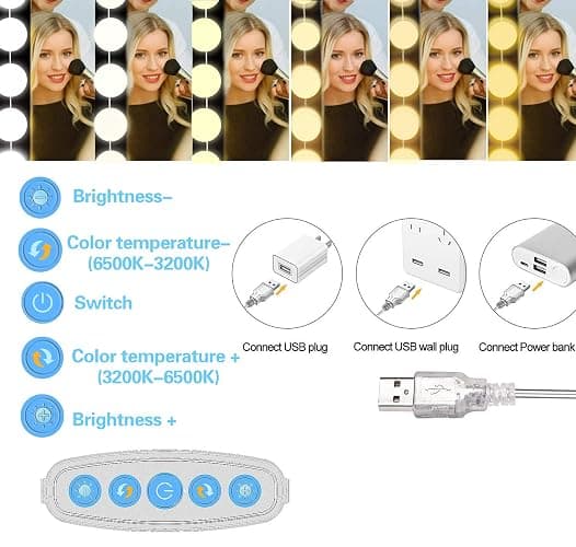 SICCOO Makeup Vanity Lights for Mirror, Hollywood Style LED Vanity Mirror Lights with 14 dimmable Bulbs, USB Cable, White thumbnail 4