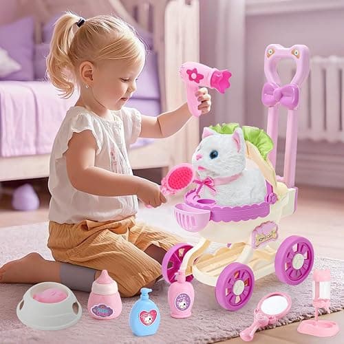 G.C Cat Toys for Kids Girls, Electronic Interactive Stuffed Cat Walk Meow and Wag Tail with Stroller Pet Care Accessories Toys Pretend Play Birthday Gifts for Toddlers Girls 3 4 5 6 7 8 Year Old thumbnail 2