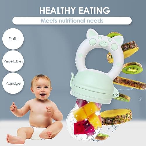 Bluet B- Baby Fruit Feeder Pacifier - BPA-Free Silicone Baby Food Feeder for Self-Feeding - Teething Relief - 4+ Months, 6 Silicone Nipples - 2 Pack Fresh Fruit Pacifier Frozen Teether - Blue & Green - Blue thumbnail 4