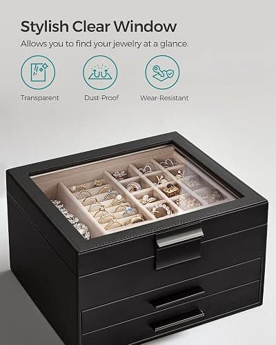 SONGMICS GISELLA Collection - Jewelry Box Organizer, 3-Layer Jewelry Storage with 2 Drawers, Shiny Metal Hardware, Glass Lid, Modern, 8 x 9.1 x 5.3 Inches, Ink Black and Silver UJBC239BK thumbnail 5