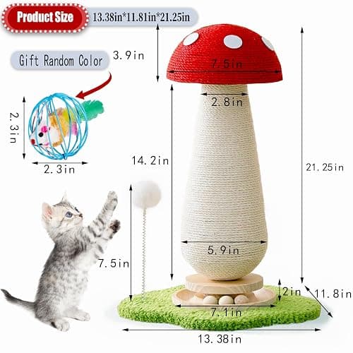 WLHYHHCute Mushroom Shaped Cat Scratching Post - Cat Toy with Ball Lane and Spring-Loaded Pom Poms - 21.25 Inch Tall Sisal Cat Scratching Post for Indoor Cats thumbnail 2