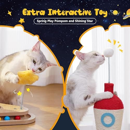 PETEPELA Cat Scratching Post, Rocket Sisal Cat Scratcher, 24.8'' Cute Scratching Post with 2-Layers Wooden Track Cat Toys & Spring Pompom for Indoor Cats Adults thumbnail 4