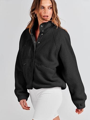 ANRABESS Womens Fuzzy Fleece Jacket Fall Casual Long Sleeve Cropped Sherpa Button Down Shacket Coats Outwear With Pockets thumbnail 5