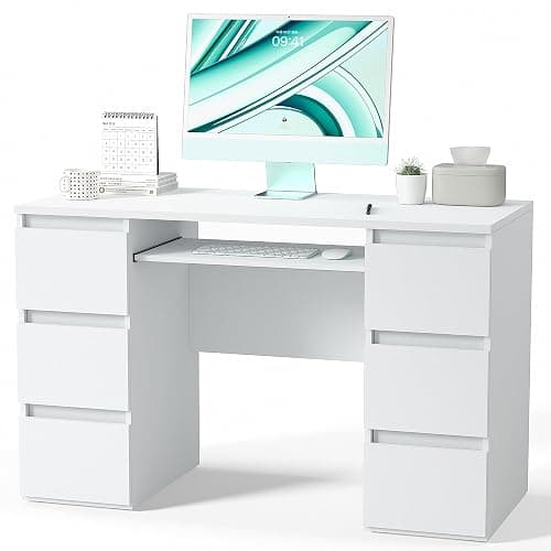 YESER Computer Desk with 6 Drawers, White PC Laptop Desk with Storage & Shelf, Modern Work Study Writing Table for Bedroom, Thick Wood Desks for Home Office, Vanity Makeup Desk, White - White - Image 1