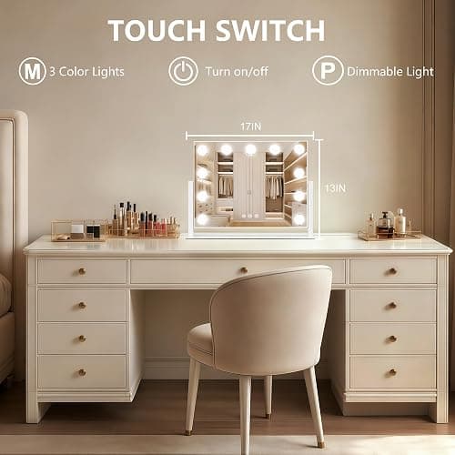 Moonee Vanity Mirror with Lights, 17"×13", 360° Swivel Base, White | Touch Dimming, 10X Magnification, Hollywood Vanity Mirror Memory Function Desk Mirror, Gift for Women Dorm Room Essentials thumbnail 4