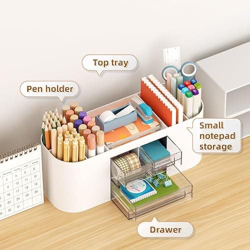 Marbrasse Desk Organizer Pen Holder for Desk with 3 Drawers, Multi-Functional Pencil Holder, Desk Organizers and Accessories with 7 Compartments for Home, School, Classroom(White) thumbnail 4