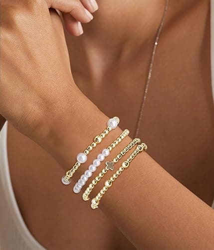 BOMAIL Gold Beaded Bracelets for Women Trendy Non Tarnish Gold Bracelet Stack 14K Gold Plated Pearl Bead Bracelets Cross Bracelets Set Stackable Stretch Beads Bracelet thumbnail 2