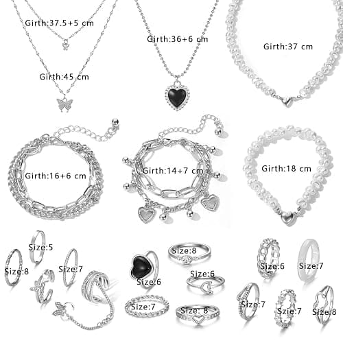 IFKM 36 PC Silver Plated Jewelry Set With 3 Necklace, 12 Bracelet, 7 Ear Cuffs Earring, 14 Knuckle Rings For Women Girls Valentine Anniversary Birthday Friendship Gift thumbnail 7