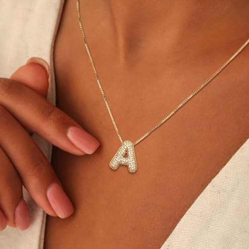 TZPI 18K Bubble Letter Necklace Gold for Women, Initial Necklaces Rhinestone Chunky Bubble Letter Necklace as Birthday Gifts Charm Puff Name Pendant Alphabet Necklaces Non Tarnish Gold Plated Jewelry - A Necklace thumbnail 3