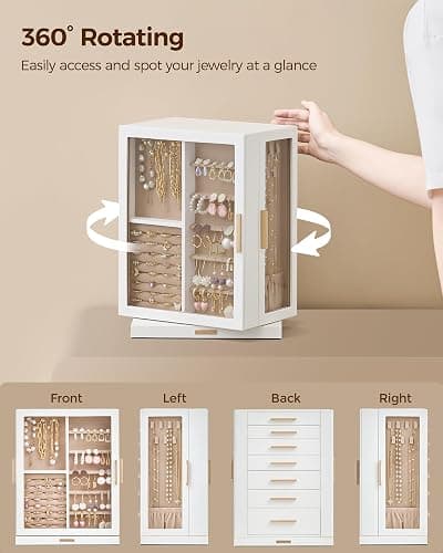 Glimmloop 360° Rotating Jewelry Box with 7 Drawers, Spacious Vertical Jewelry Organizer with Glass Window, Jewelry Storage Case, Dustproof & Moisture-resistant Design, White thumbnail 3