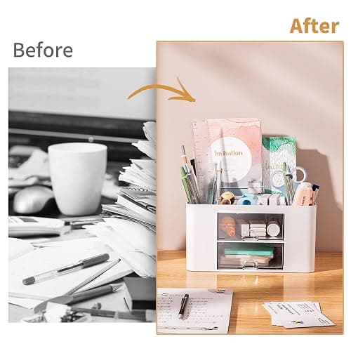 Marbrasse Pen Organizer with 2 Drawer, Multi-Functional Pencil Holder for Desk, Desk Organizers and Accessories with 5 Compartments + Drawer for Office Art Supplies (White) thumbnail 7