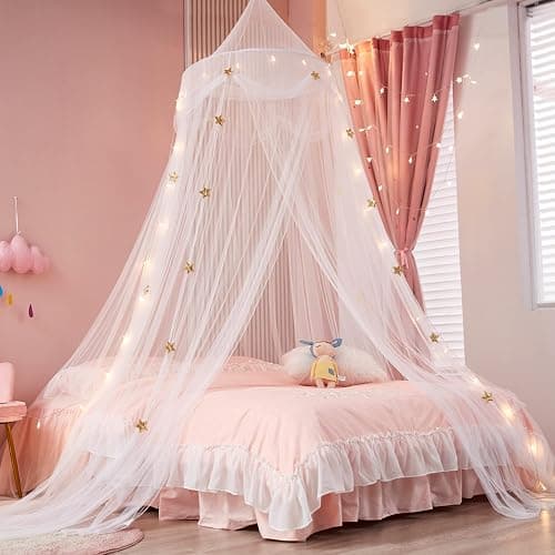 Nattey Bed Canopy with Lights for Girls,Gold Star Princess Crib Canopy Curtains,Extra Large Dome Mosquito Net Reading Nook Canopy for Kids Boys Twin Full Queen Size Bed,Fire Retardant Fabric - Image 1