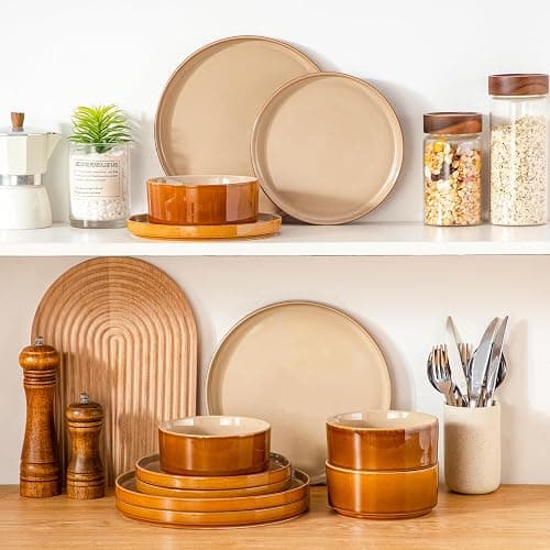 vancasso ONION Ceramic Plates and Bowls Sets, 12 Pieces Brown Dinnerware Sets for Kitchen, Reactive Glaze Dishes Set for 4, Dishwasher and Microwave Safe thumbnail 2