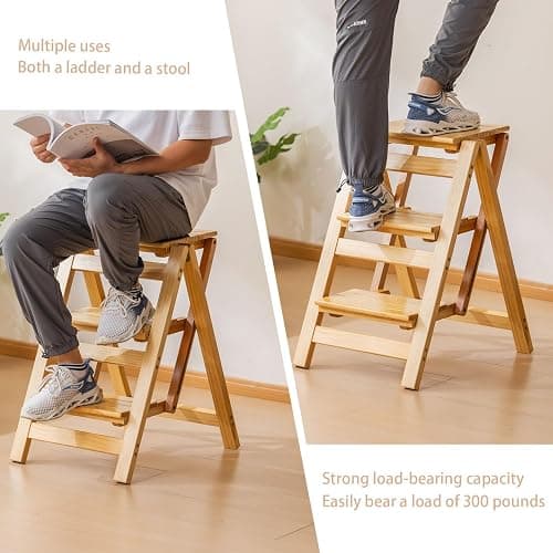 Latifolia Foldable 3 Step Ladder, Wooden Step Stool with Floor Saver, Decorative Ladder Shelf for Living Room, Kitchen, Garden(Nature) thumbnail 6