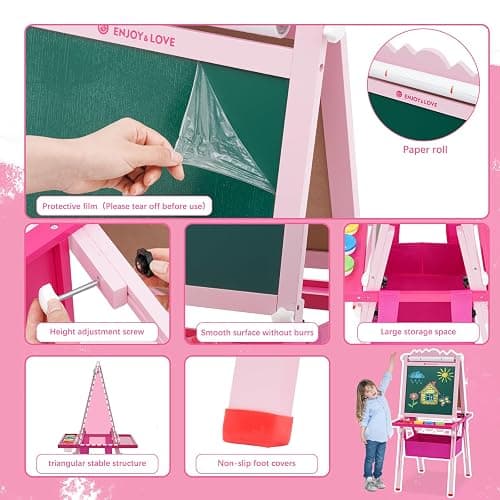 Kids Art Easel,Double-Sided Wooden Easel for Kids with Paper Roll,Height Adjustable Standing Easel with Puzzle Tangram Toys,Storage Box and Other Accessories,Easel for Toddlers 3-10 Years thumbnail 5
