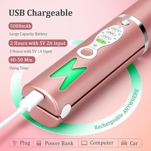 Cordless Titanium Hair Straightener and Curler w Cover, Portable USB Rechargeable Fast Heat Up Flat Iron Travel Size with 5V/5000mAh Battery, Anti-Scald 3-Level for Smooth, Swift and Glossy Hair(Pink thumbnail 5
