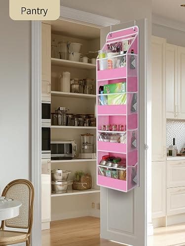 Yecaye 5 Tier Over the Door Organizer, Swing-proof Door Organizer Hanging with Clear PVC Windows, Behind the Door Storage for Bedroom Nursery Closet Laundry Pantry Bathroom, Bubblegum Pink thumbnail 9