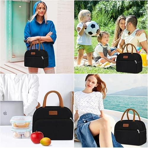 Coobiiya Lunch Box Lunch Bag for Women Men,Reusable Cute Lunch Pail bag,Leakproof,Insulated LunchBox Tote Compact 10L, Cooler Lunch Container for Work Travel Office (Black) thumbnail 7