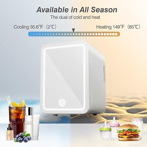 Easy-Take Skincare Fridge - Mini Fridge with Dimmable LED Mirror (4 Liter/6 Can), Cooler and Warmer, for Skincare and Food, Mini Fridge for Bedroom, Office and Car, White thumbnail 3