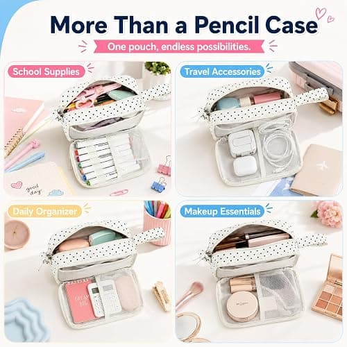 Bluboon Big Capacity Pencil Case Pencil Pouch Pen Case School Supplies Cute Pencil Box Pencil Bag for Teen Girls Boys Women Man (Black dots - White) thumbnail 6