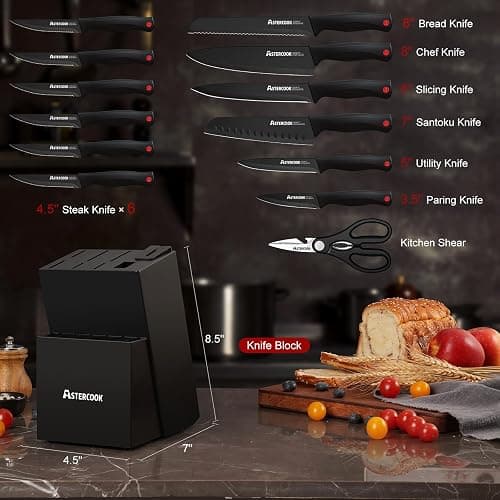 Astercook 15 Piece Knife Set with Sharpener Block - German Stainless Steel, Dishwasher Safe Kitchen Knives with Built-In Sharpener, Black thumbnail 3