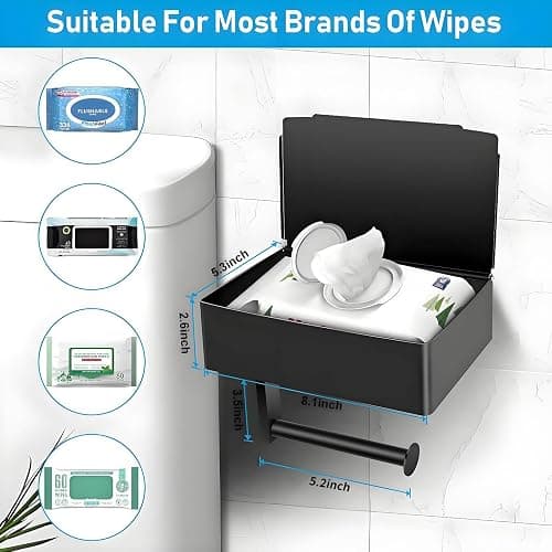 BOSOEI Toilet Paper Holder with Storage, Shelf of Bathroom Toilet Tissue Holder, Toilet Paper Roll Holder, Black Stainless Steel Wall Mount, No Installation & Flushable Wet Wipes Storage thumbnail 3