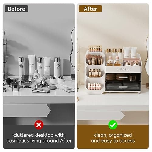 UFORU Makeup Organizer for Vanity with Brush Holder, Countertop Skincare Organizer with 2 Drawers, Spacious Cosmetic Display Case for Perfumes, Eyeshadow Palettes, Nail Polishes thumbnail 8