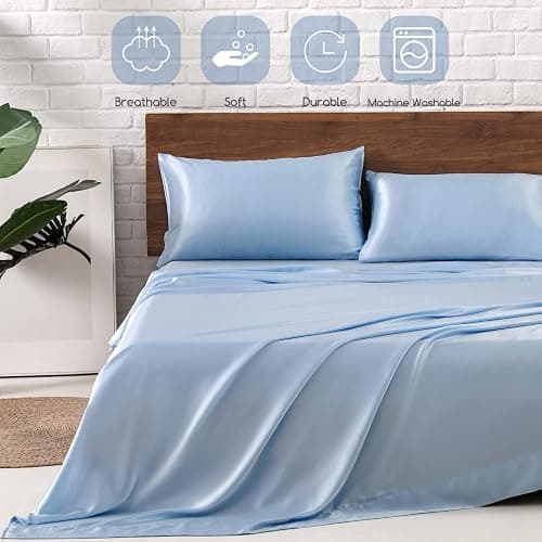 MR&HM Satin Bed Sheets, Queen Size Sheets Set, 4 Pcs Silky Bedding Set with 15 Inches Deep Pocket for Mattress (Queen, Light Blue) thumbnail 5