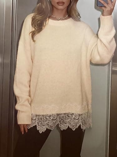 Saodimallsu Womens Lace Patchwork Sweater Long Sleeve Boat Neck Pullovers | Floral Hem, Convertible Neckline, One-shoulder Styling, Soft Knit, Relaxed Fit, Date Night, Office thumbnail 4