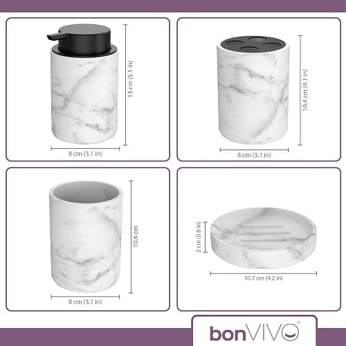 bonVIVO Bathroom Accessories Set – 4-Piece Marble Look Bathroom Set with Soap Dish, Dispenser Pump, Toothbrush Holder & Tumbler – Luxury Bathroom Accessory Set Black/Marble Finish thumbnail 3