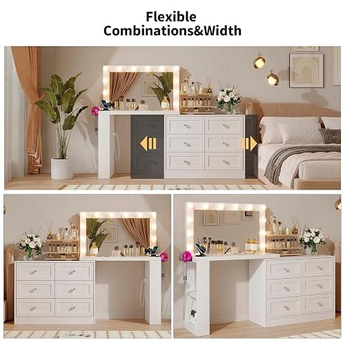 VOWNER Vanity Desk and Dresser Combo, Extendable Makeup Vainty with with Lighted Mirror & Power Outlet, Wood Corner Vanity with 6 Drawer Dresser, Makeup Table for Women, Bedroom Dressing Table(White) thumbnail 4