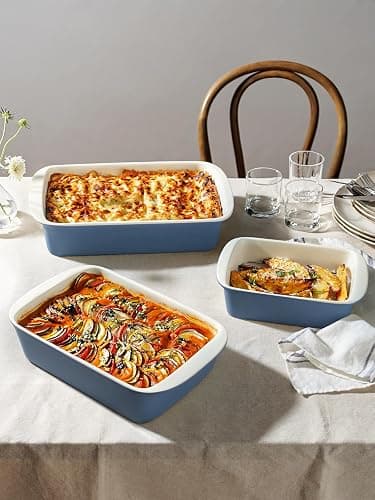 LE TAUCI Deep Casserole Dishes for Oven, 13.7”x9.6” Ceramic Baking Dish Set with Roasting Racks, Large Lasagna Pans with Handles, Rectangular Bakeware as Gift for Mom, Dusty Blue (4.6QT/3.0QT/1.6QT), Set of 3 thumbnail 2