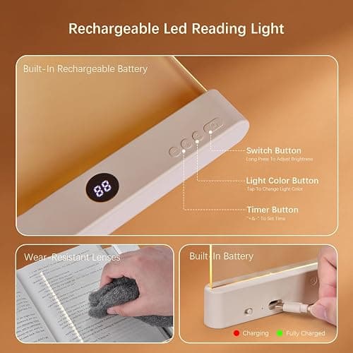 Choudao LED Book Light & Night Light 2 in 1, Flat Reading Light, Black | 3 Color Temperatures & Stepless Dimming, USB Rechargeable Full Page Light with Timer for Night Reading in Bed thumbnail 3