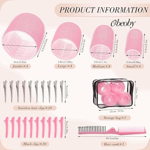 obeoby 4 Sizes Self-Grip Hair Rollers Curlers Set for Women, Pink | No-heat Set with Clips Comb (25, 36, 48, 60mm) Plastic Jumbo Large Small for Long Short Curly Bangs Styling Accessories Gifts thumbnail 2